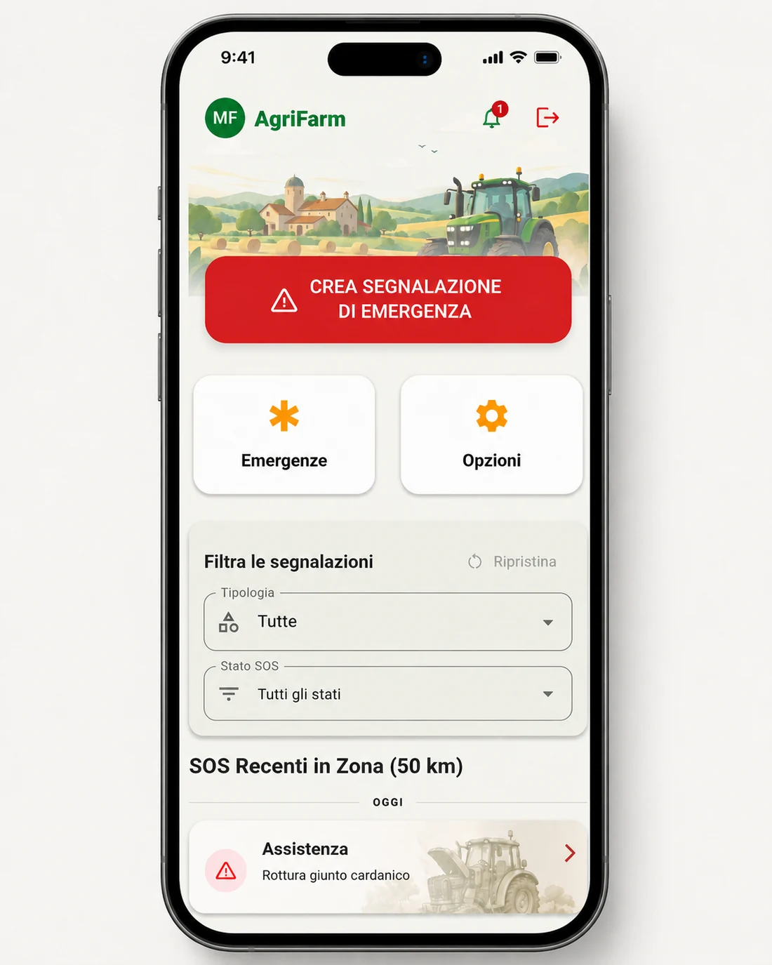 Schermata principale dell'app AgriSOS con SOS recenti e filtri