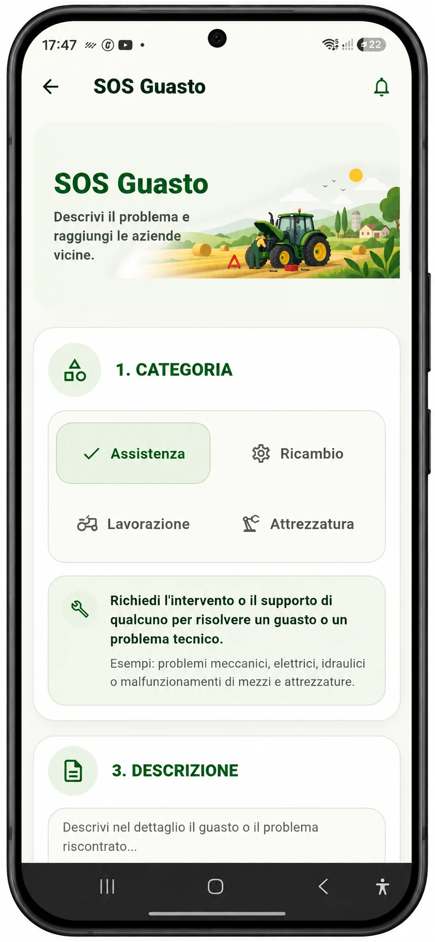 Schermata AgriSOS per la creazione di un SOS guasto